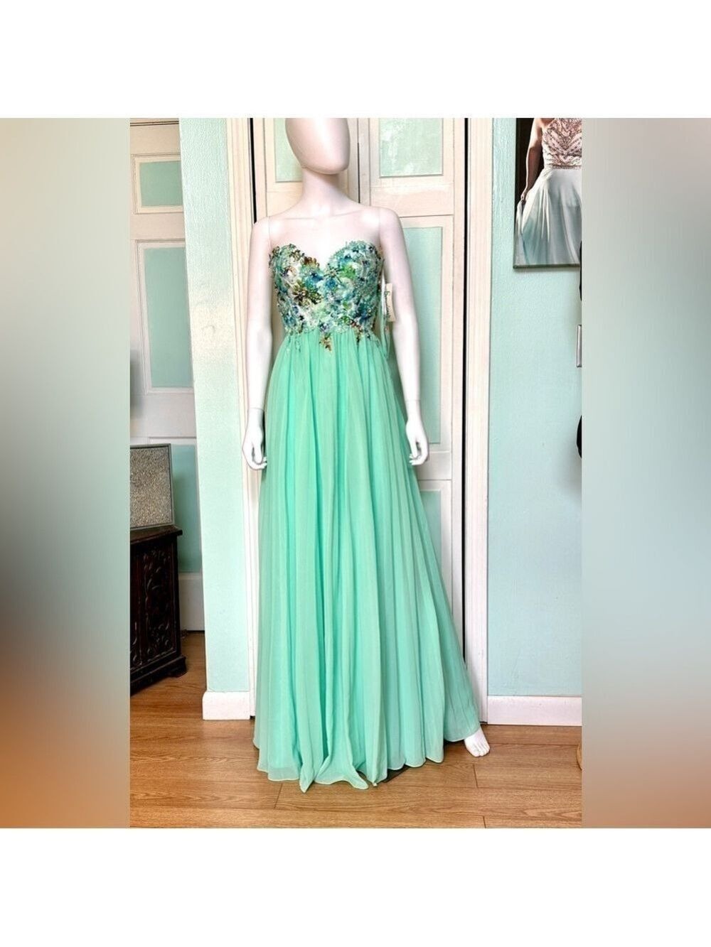 Size 8 Envious Couture Aqua Mint Floral Prom Dress Pageant Gown Cruise Gala